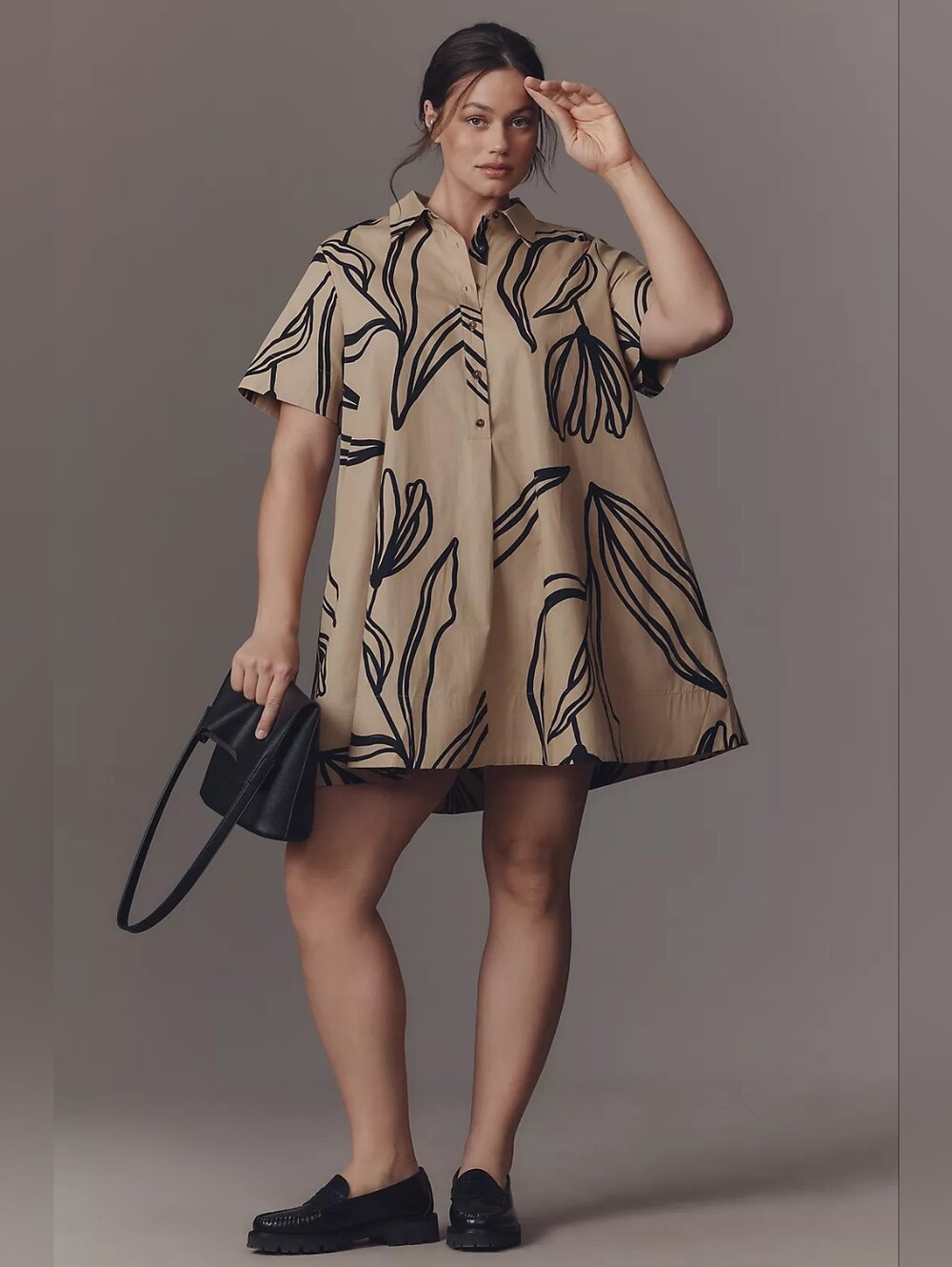 By Anthropologie Short-Sleeve Swing Tunic Khaki Mini Dress
